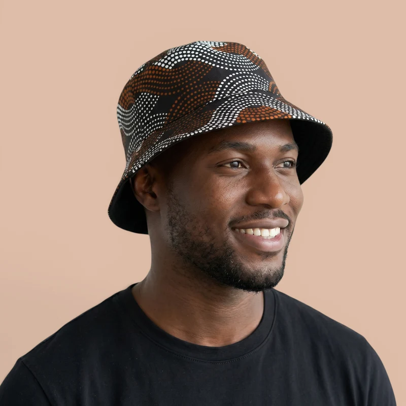 Bucket hat / Vissershoedje met Afrikaanse print - Bruin Wit Wave Pattern - Kinderen & Volwassenen (Unisex)
