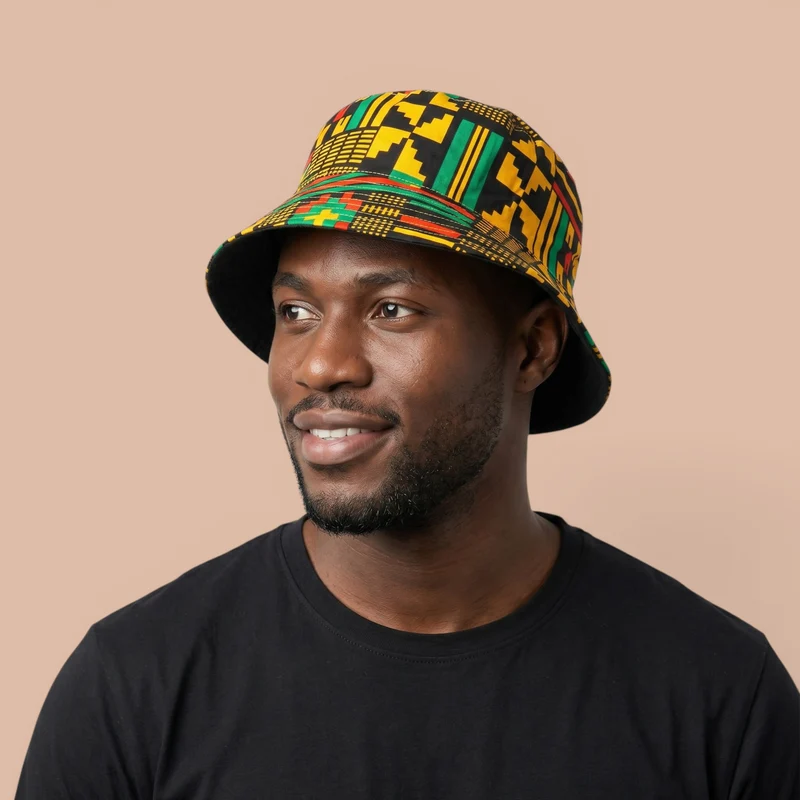 Bucket hat / Vissershoedje met Afrikaanse print - Zwart Groen Kente - Kinderen & Volwassenen (Unisex)