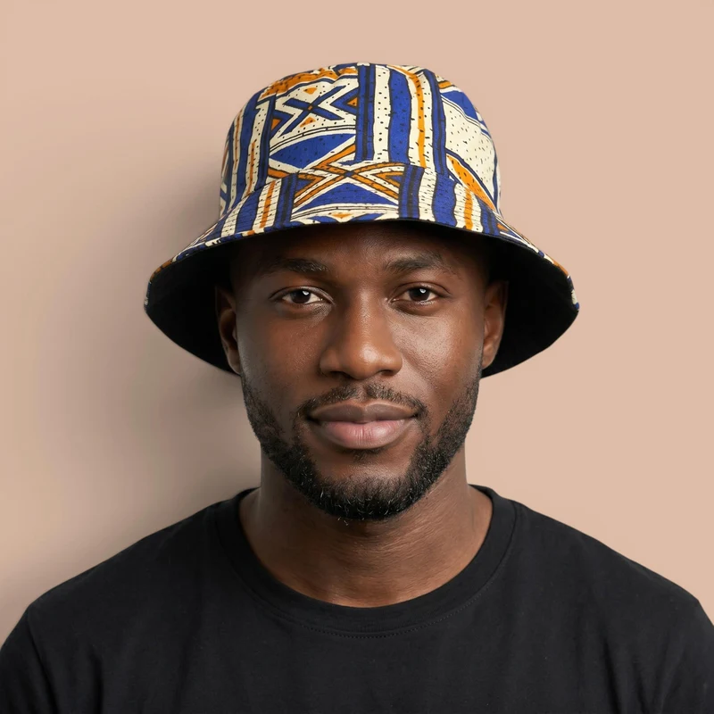 Bucket hat / Vissershoedje met Afrikaanse print - Blauw Bogolan Heritage - Kinderen & Volwassenen (Unisex)