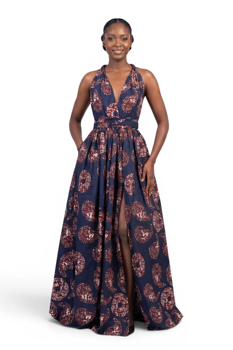 Afrikaanse print Infinity Multiway Maxi Jurk - Verstelbare Split - Blauw Bruin Sahara Paisley
