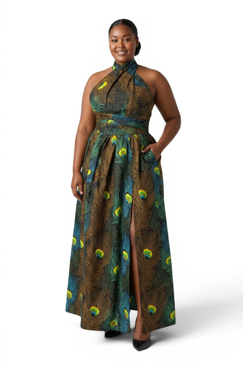 Afrikaanse print Infinity Multiway Maxi Jurk - Verstelbare Split - Petrol Bruin Peacock Majesty