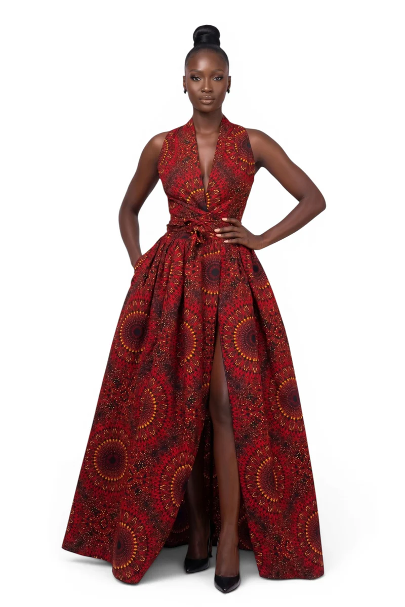 Afrikaanse print Infinity Multiway Maxi Jurk - Verstelbare Split - Rood Sunfire Bloom