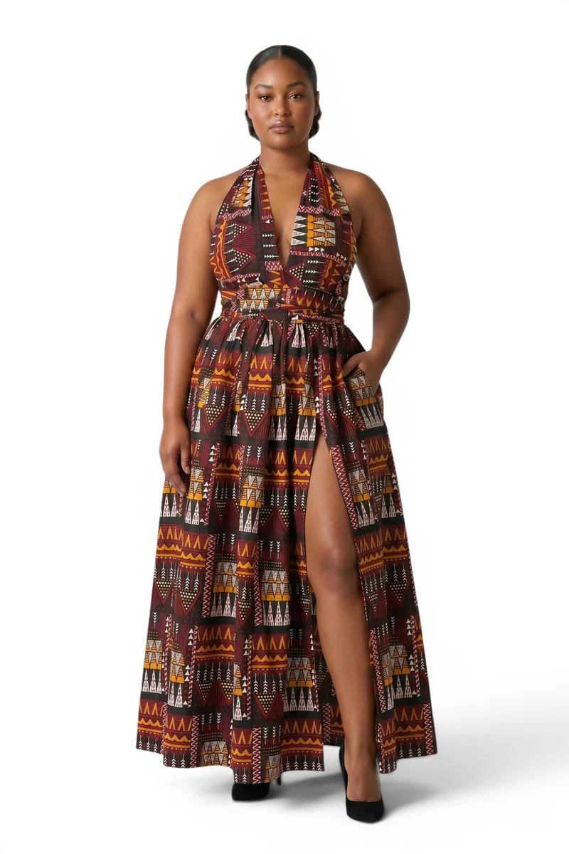 Afrikaanse print Infinity Multiway Maxi Jurk - Verstelbare Split - Bruin Oranje Earth Heritage