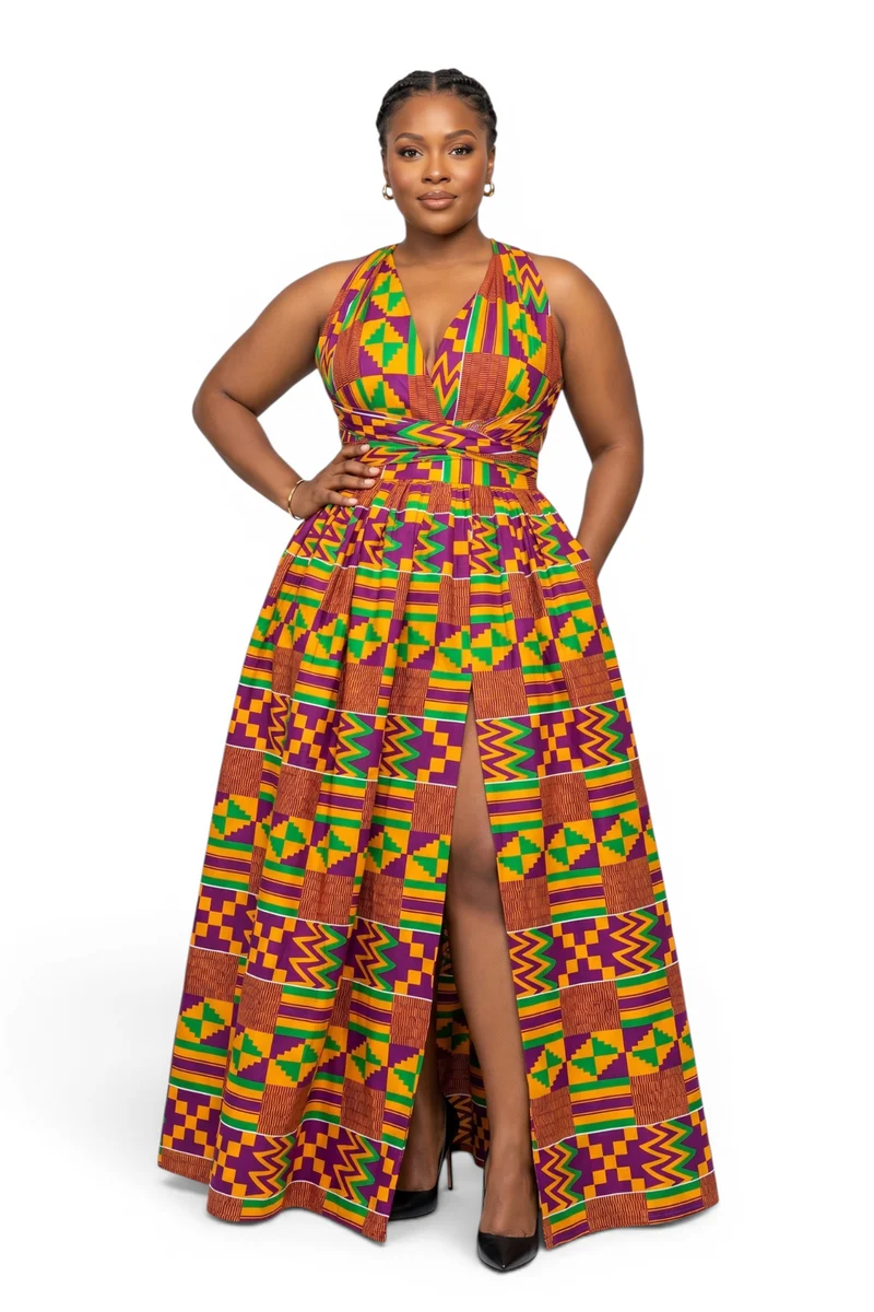 Afrikaanse print Infinity Multiway Maxi Jurk - Verstelbare Split - Paars Groen Kente Royale