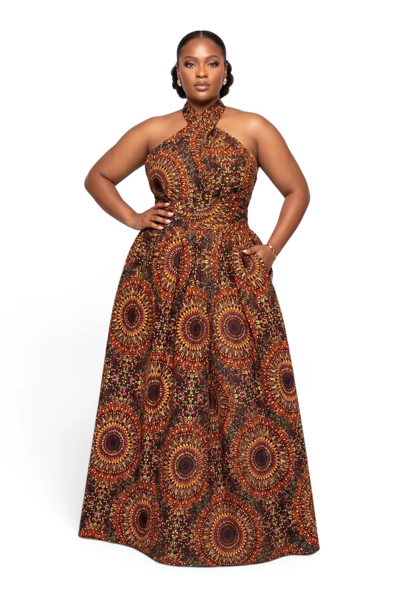 Afrikaanse print Infinity Multiway Maxi Jurk - Verstelbare Split - Bruin Savanna Sun