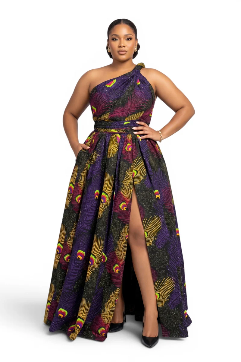 Afrikaanse print Infinity Multiway Maxi Jurk - Verstelbare Split - Paars Geel Royal Peacock