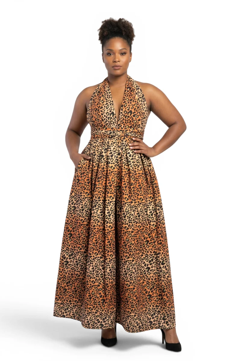 Afrikaanse print Infinity Multiway Maxi Jurk - Verstelbare Split - Oranje Beige Leopard Queen
