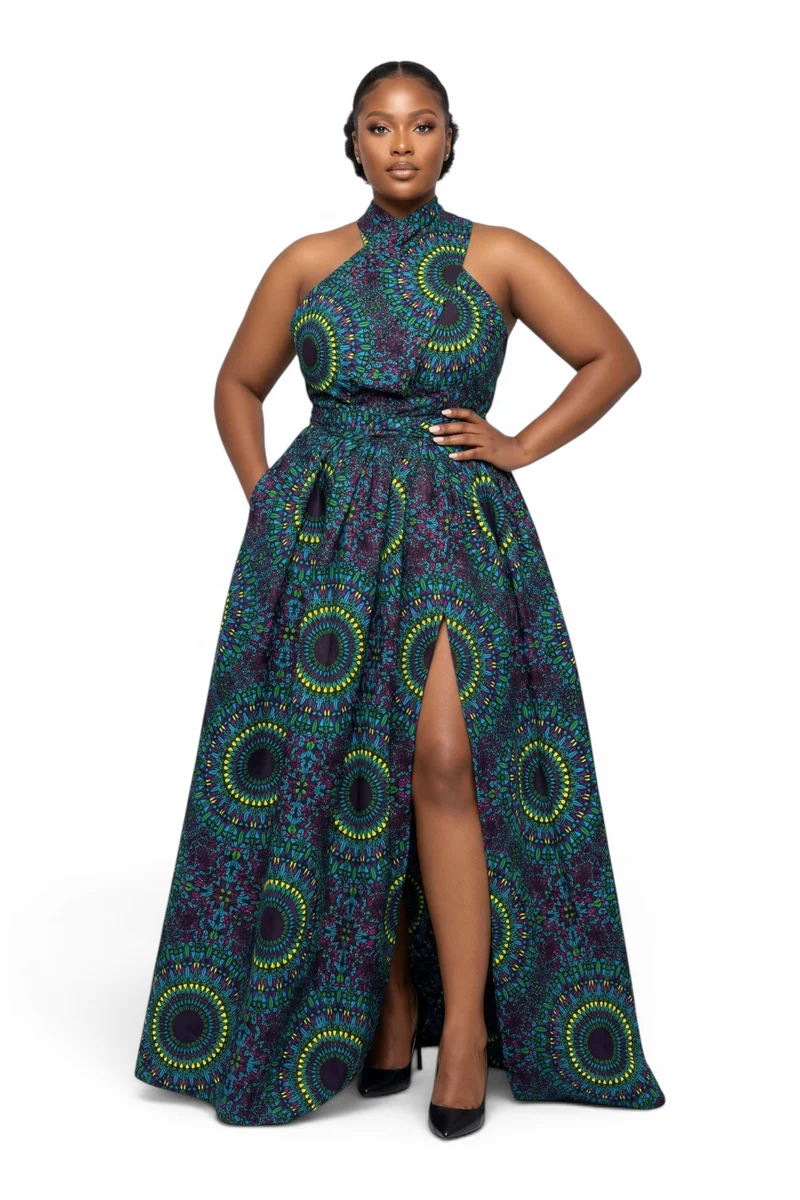 Afrikaanse print Infinity Multiway Maxi Jurk - Verstelbare Split - Blauw Groen Safari Mosaic
