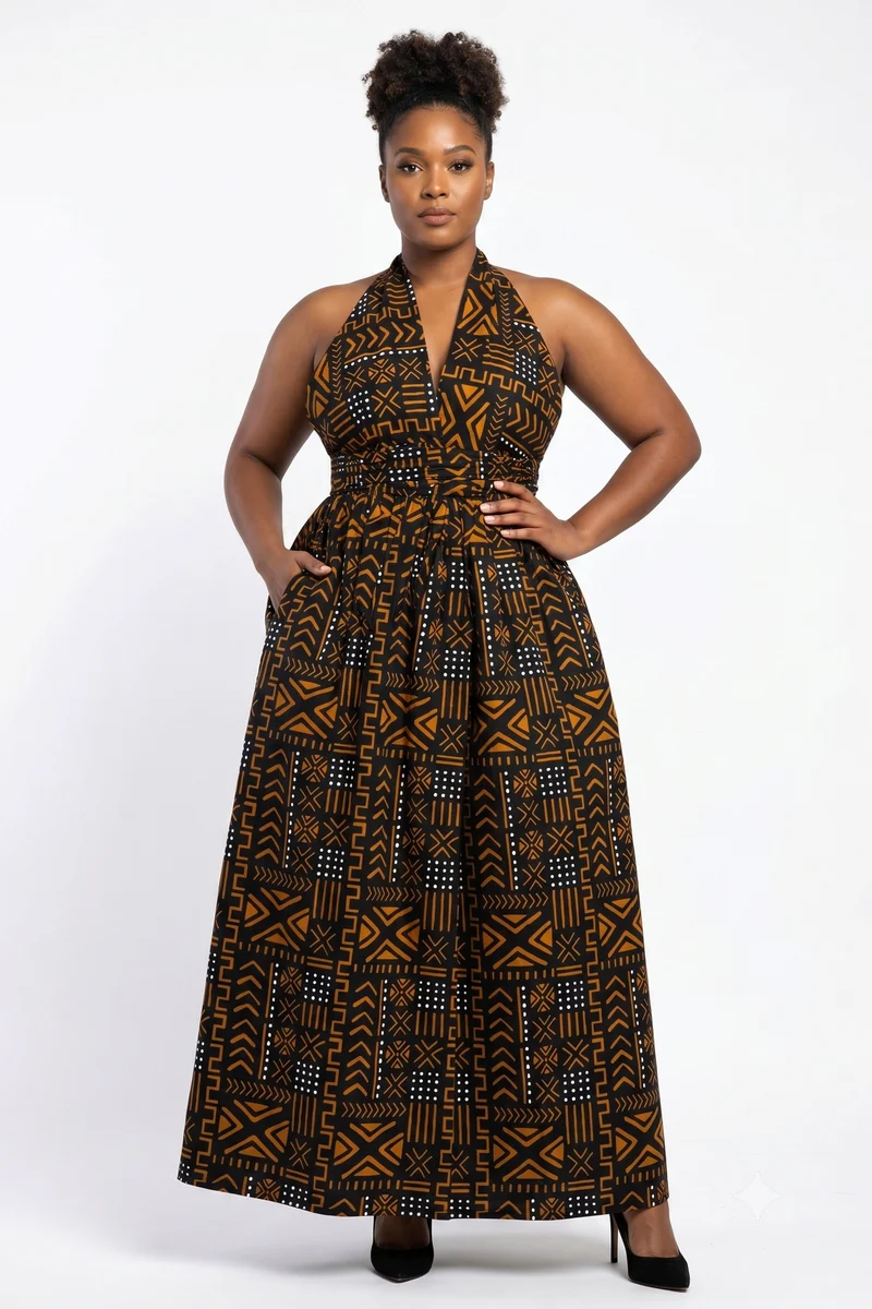 Afrikaanse print Infinity Multiway Maxi Jurk - Verstelbare Split - Zwart Oranje Bogolan Spirit