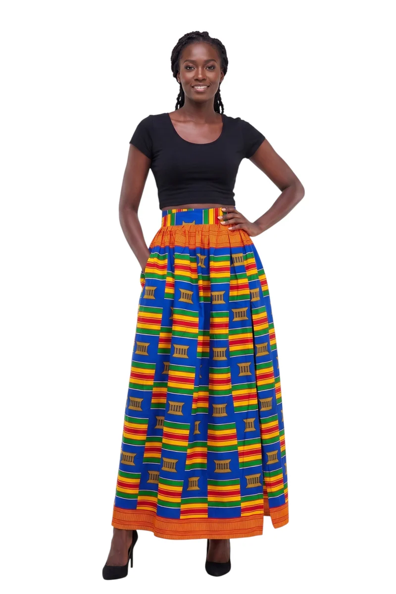 Afrikaanse print maxi rok - Verstelbare split - Blauw Multicolor Kente Pride