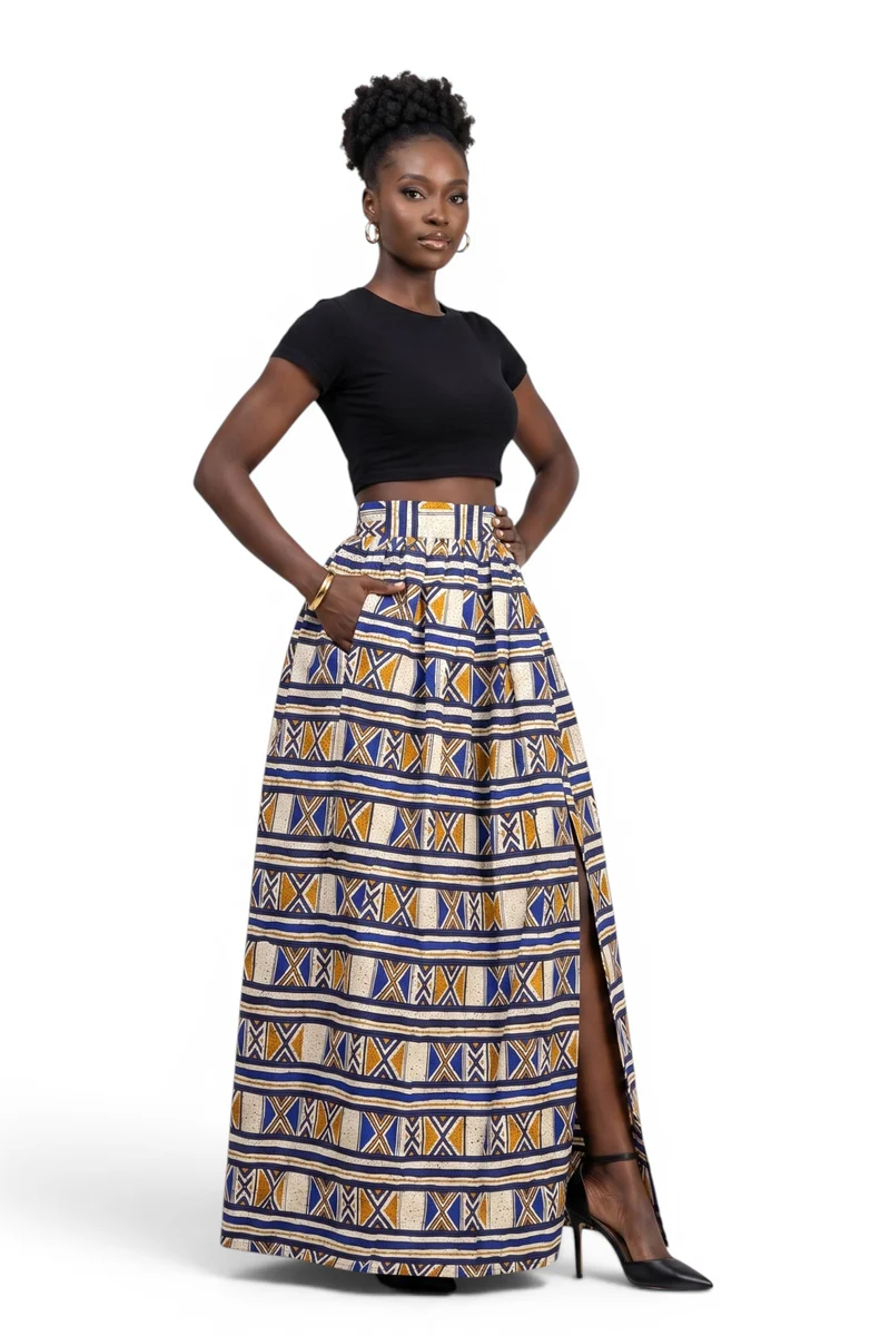 Afrikaanse print maxi rok - Verstelbare split - Blauw Mosterd Bogolan Heritage