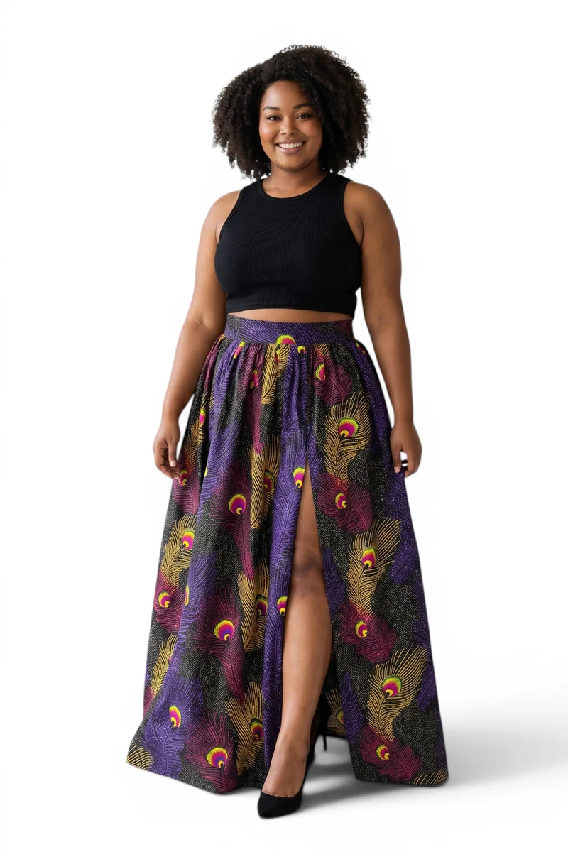 Afrikaanse print maxi rok - Verstelbare split - Paars Geel Peacock Feathers