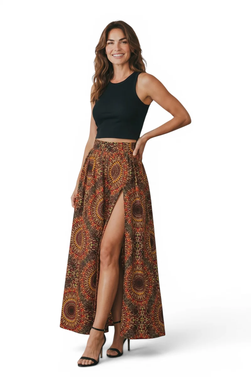 Afrikaanse print maxi rok - Verstelbare split - Bruin Sunburst