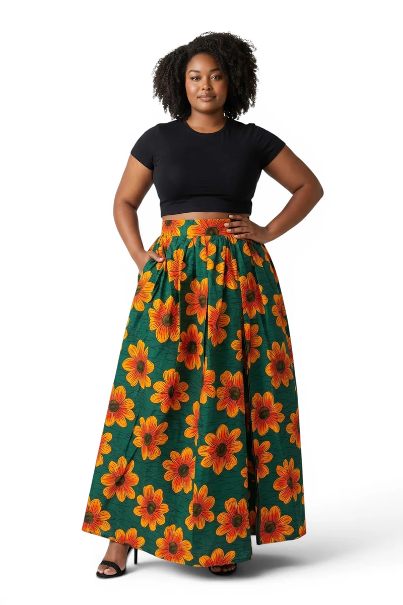 Afrikaanse print maxi rok - Verstelbare split - Groen Oranje Sunflower