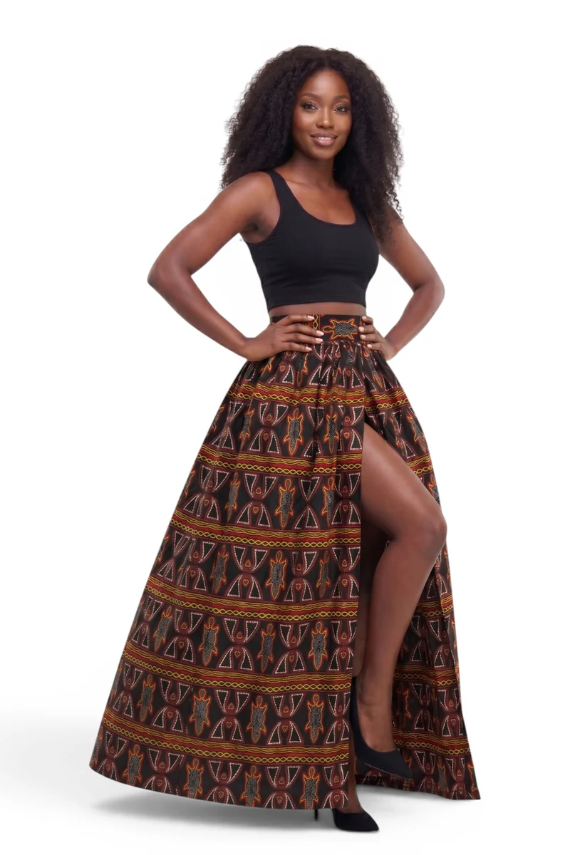 Afrikaanse print maxi rok - Verstelbare split - Zwart Rood Toghu Bamenda Cameroon