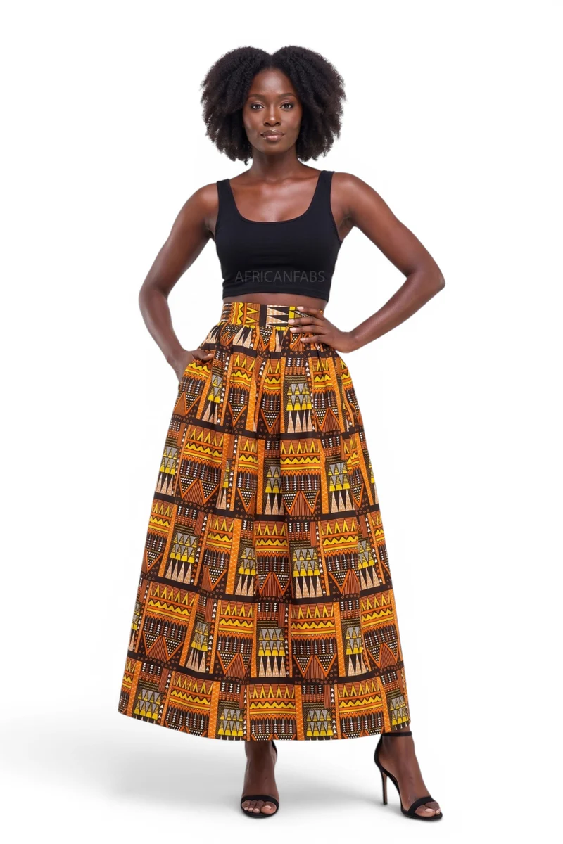 Afrikaanse print maxi rok - Verstelbare split - Oranje Bruin Tribal Blocks