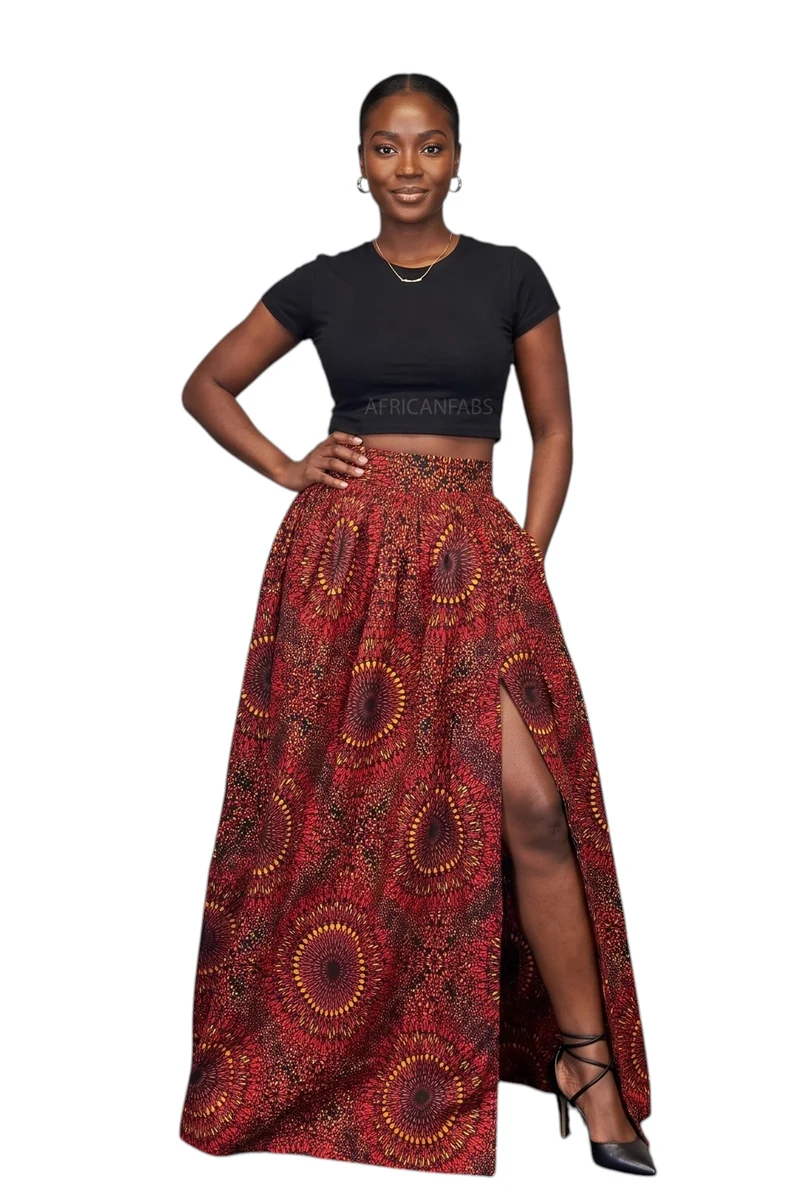 Afrikaanse print maxi rok - Verstelbare split - Rood Sunburst