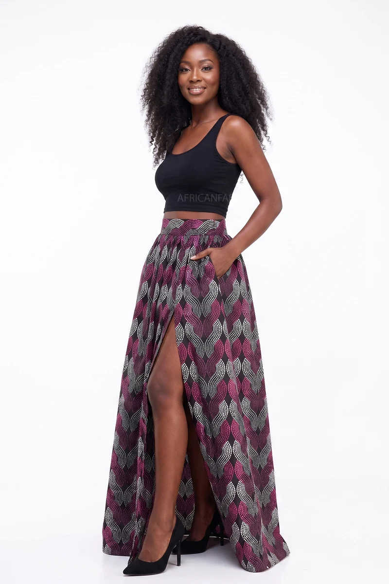 Afrikaanse print maxi rok - Verstelbare split - Paars Wit Dots