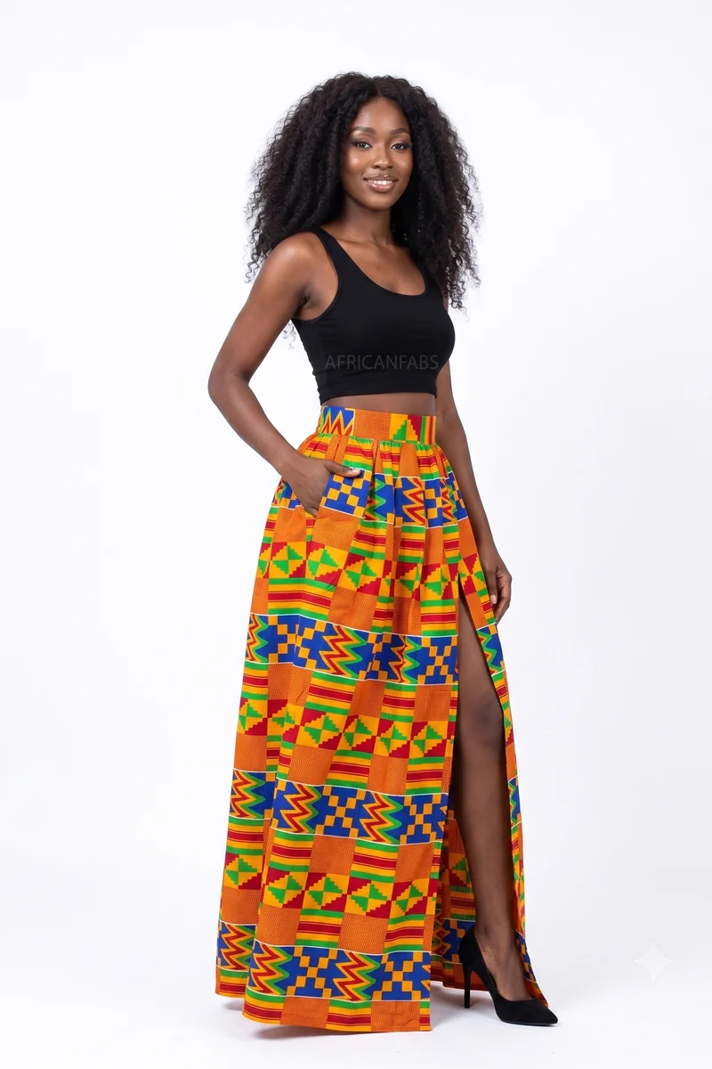 Afrikaanse print maxi rok - Verstelbare split - Blauw Oranje Kente