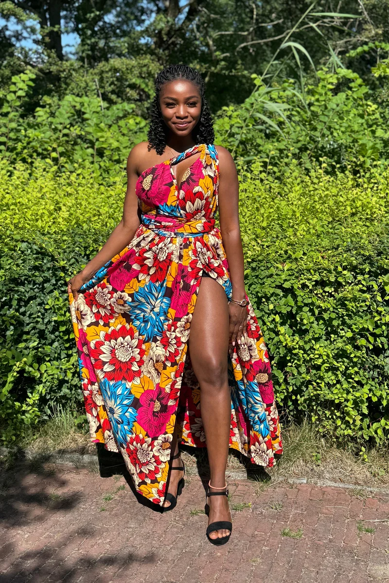 Afrikaanse print Infinity Multiway Maxi Jurk - Rood & Blauwe Flowers