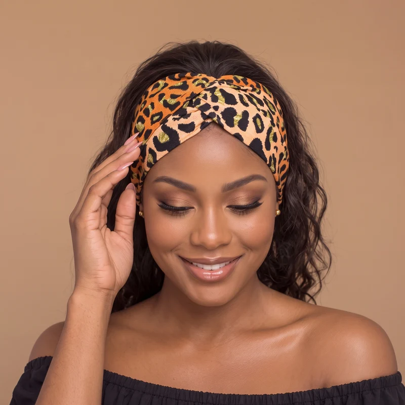 Haarband / Hoofdband in Afrikaanse print - Oranje Beige Leopard Spots