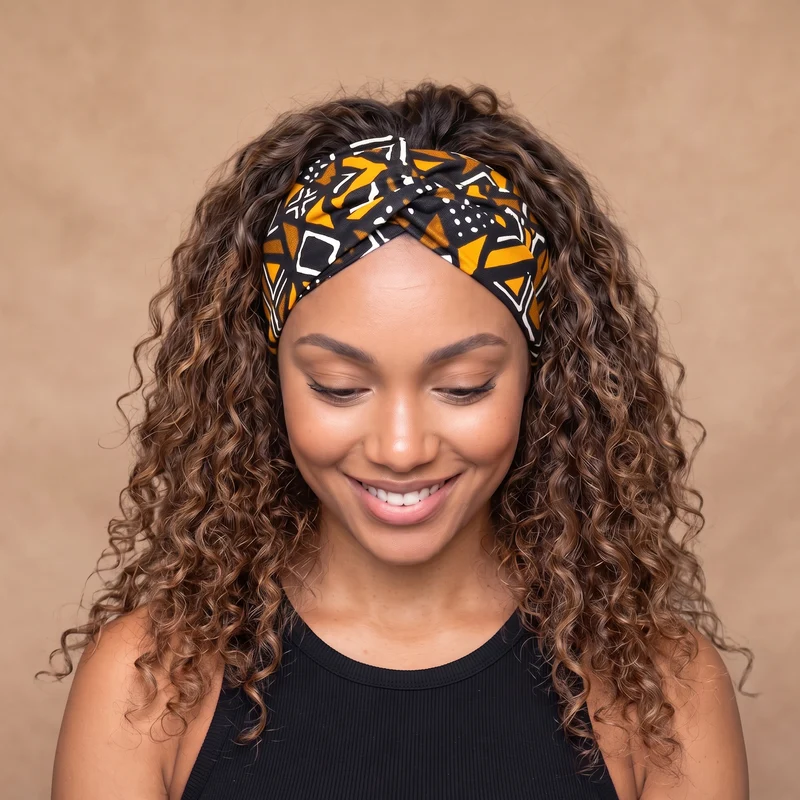 Haarband / Hoofdband in Afrikaanse print - Bruin Bogolan Geometry
