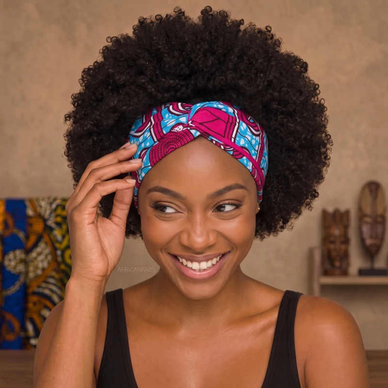 Haarband met buigbare metaaldraad - Roze Blauw African print cotton