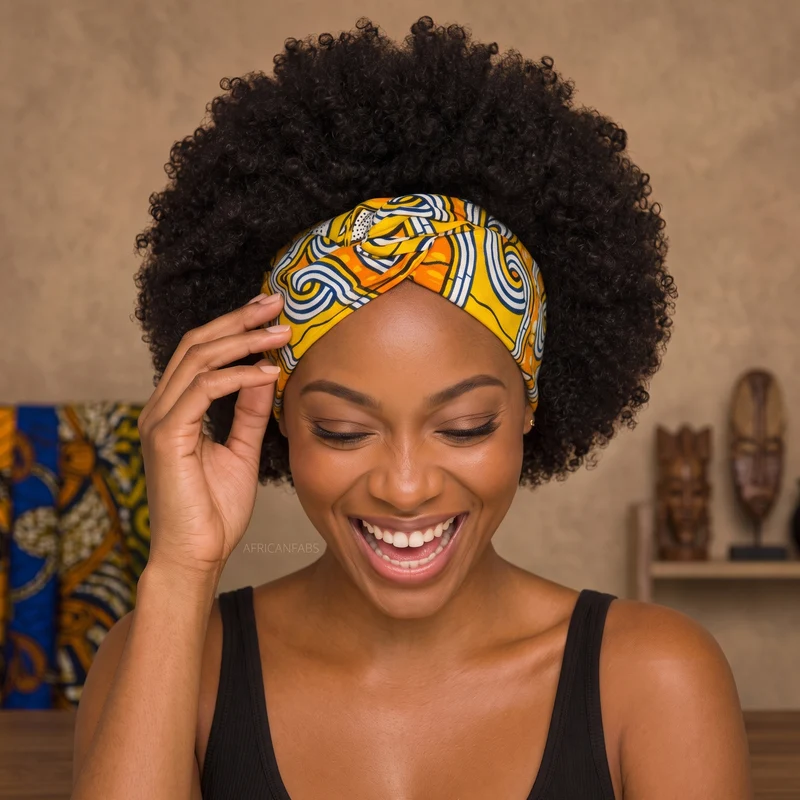 Haarband met buigbare metaaldraad - Geel Oranje African print cotton