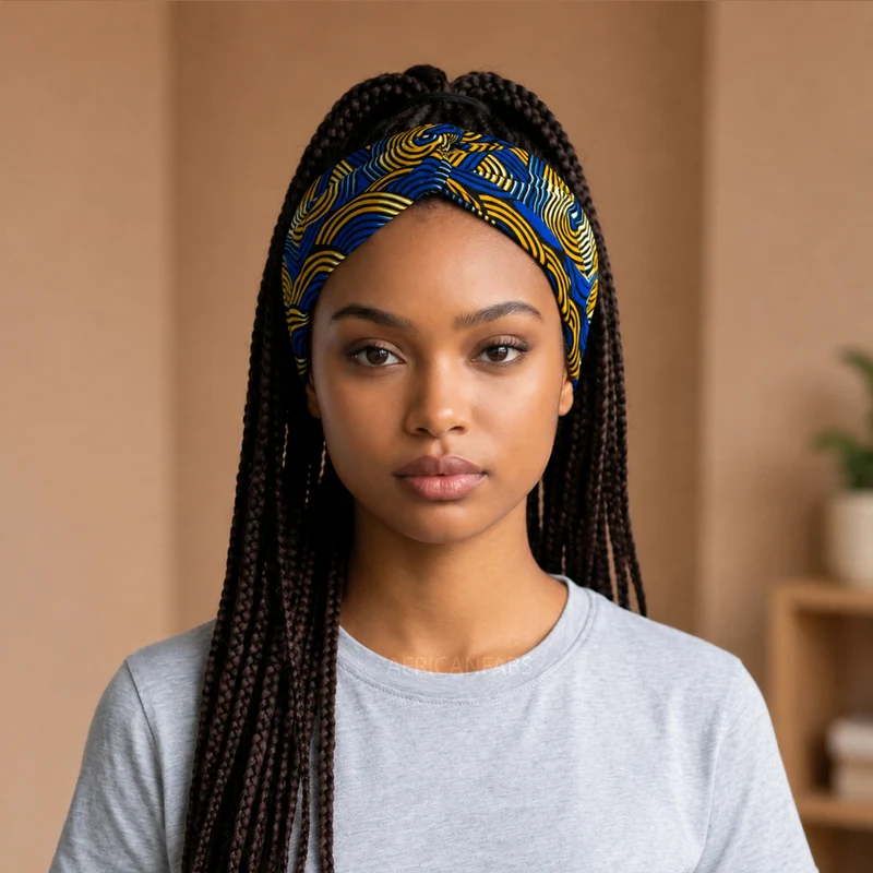 Haarband met buigbare metaaldraad - Blauw Geel African print cotton