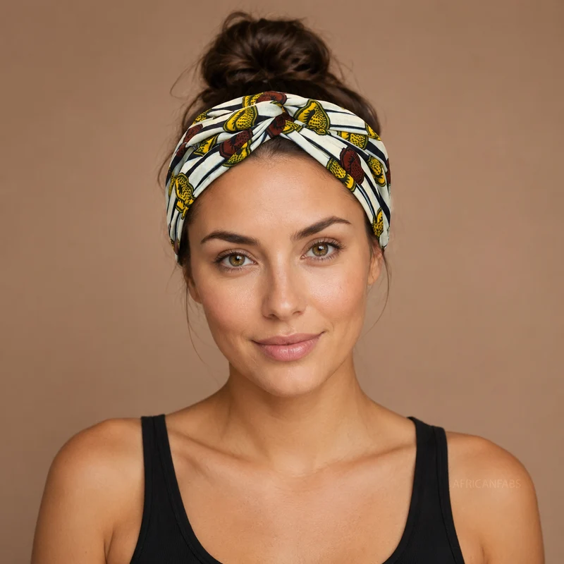 Haarband met buigbare metaaldraad - Bruin Geel African print cotton