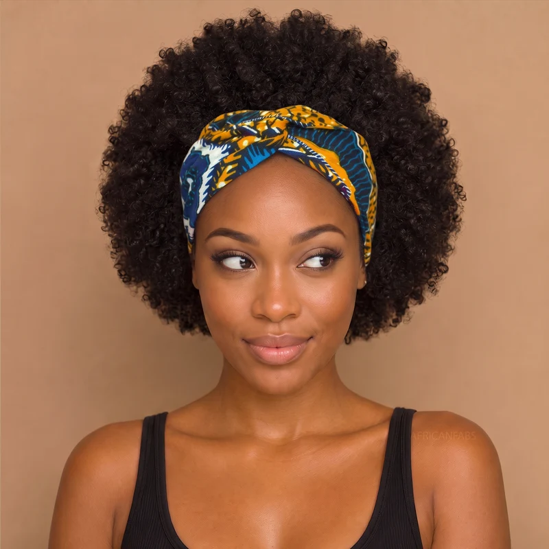 Haarband met buigbare metaaldraad - Mosterd Blauw African print cotton