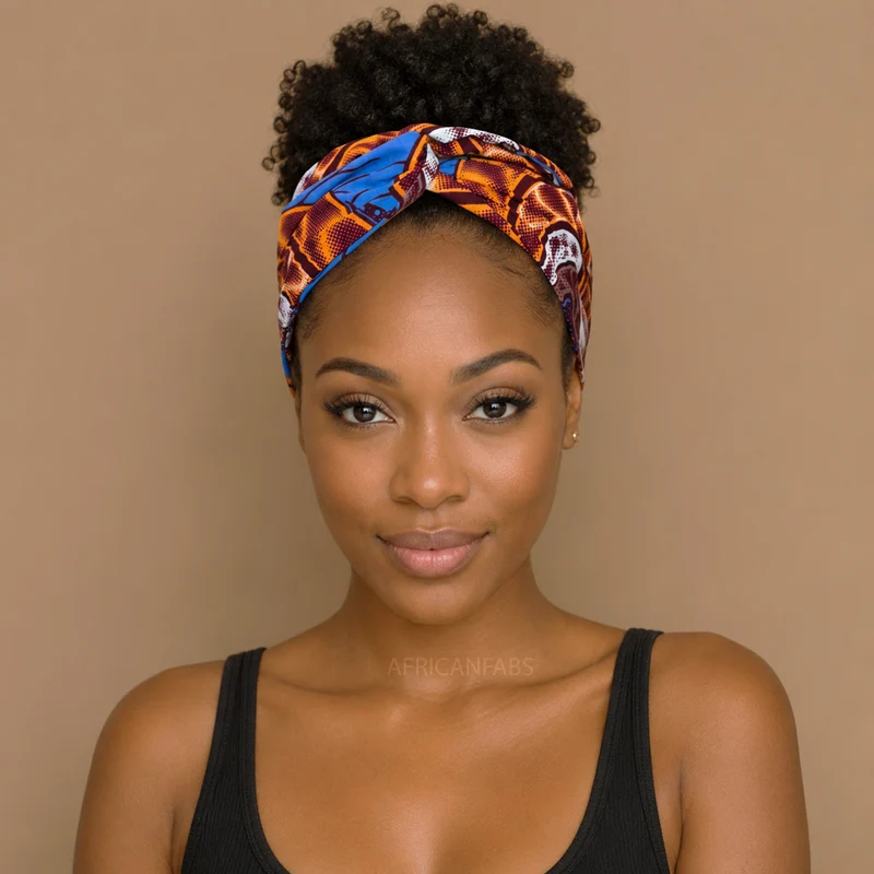 Haarband met buigbare metaaldraad - Blauw Oranje African print cotton