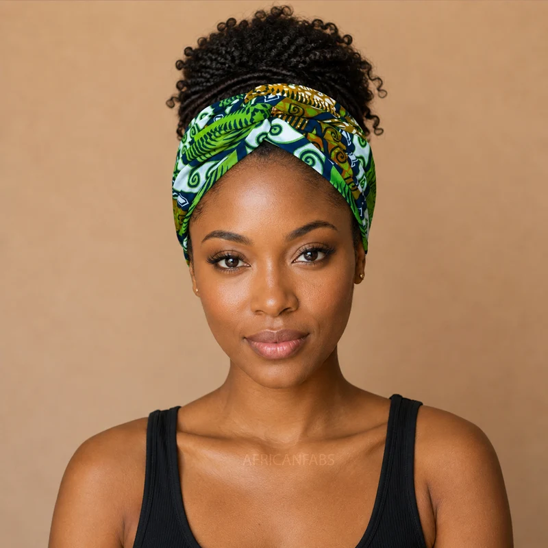 Haarband met buigbare metaaldraad - Groen African print cotton