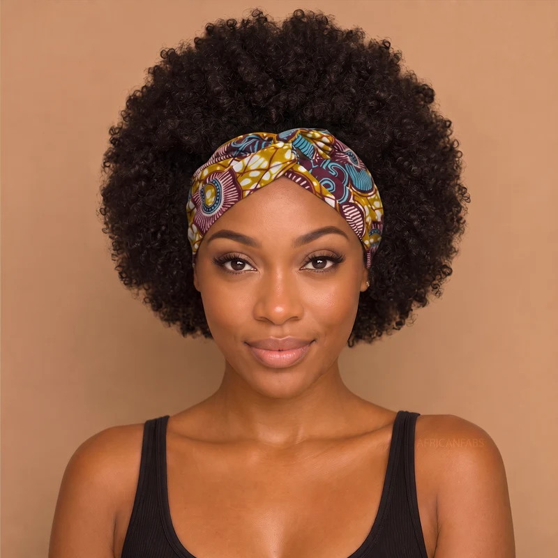 Haarband met buigbare metaaldraad - Mosterd African print cotton