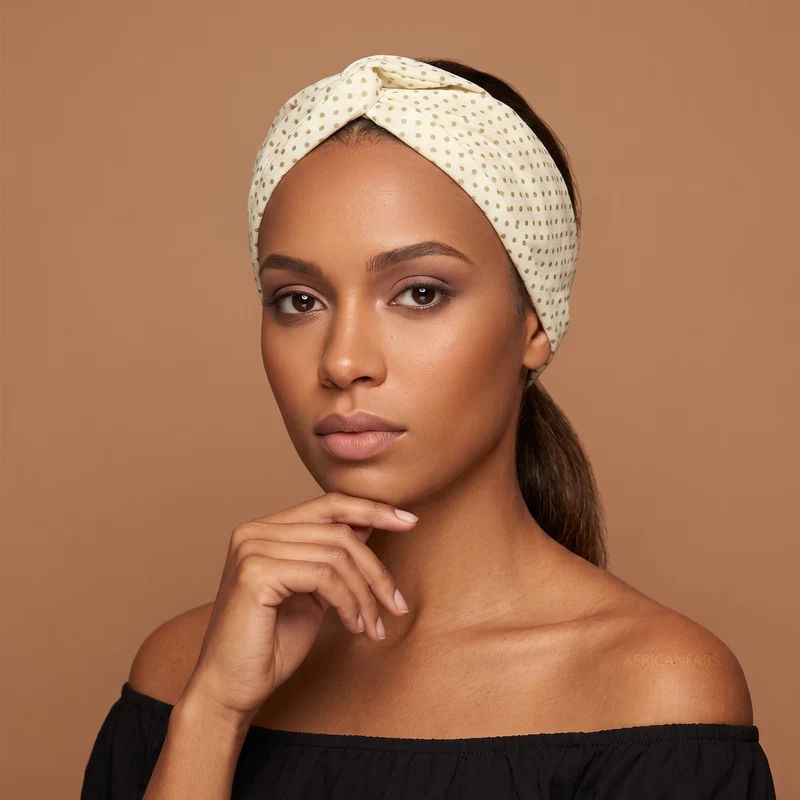 Haarband met buigbare metaaldraad - Beige Small Dots