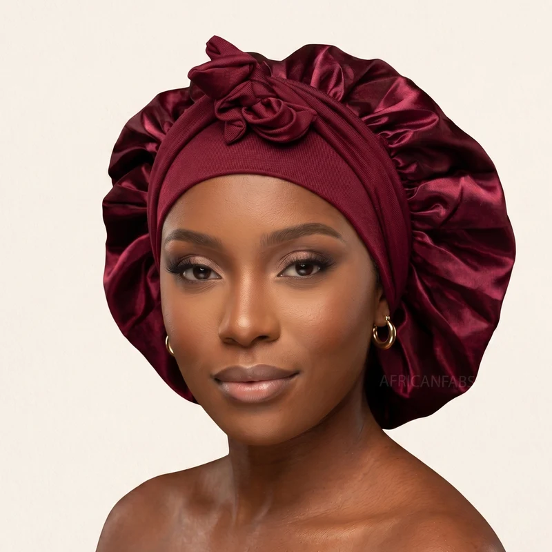 Satijnen Haar Bonnet met Banden - Rood (Satijnen Slaapmuts )