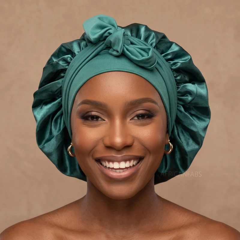Satijnen Haar Bonnet met Banden - Groen (Satijnen Slaapmuts )