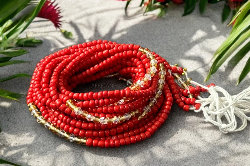 (Belangrijk: graag lezen) Waist Beads / Afrikaanse Heupketting - Iboroni - Rood / goud (Traditioneel niet-elastisch koord)