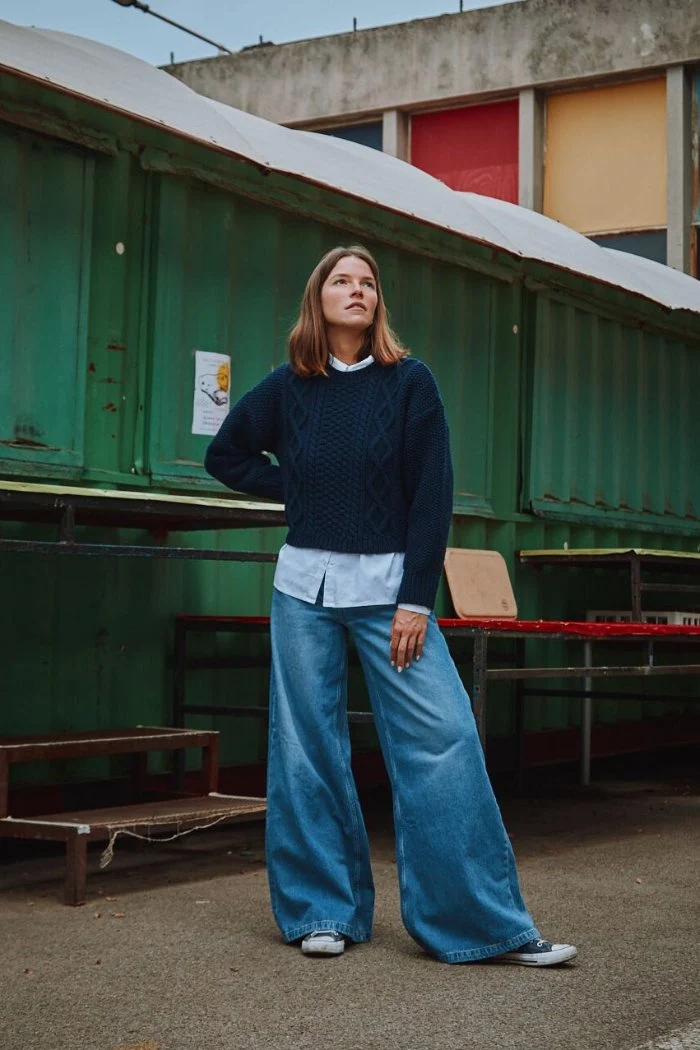 PAOLA Irish Cable Sweater in Merino Wool - Navy