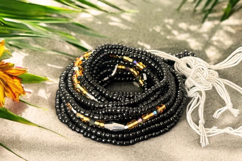 Waist Beads / Afrikaanse Heupketting - Afiangbe - Zwart / goud (Traditioneel niet-elastisch koord)