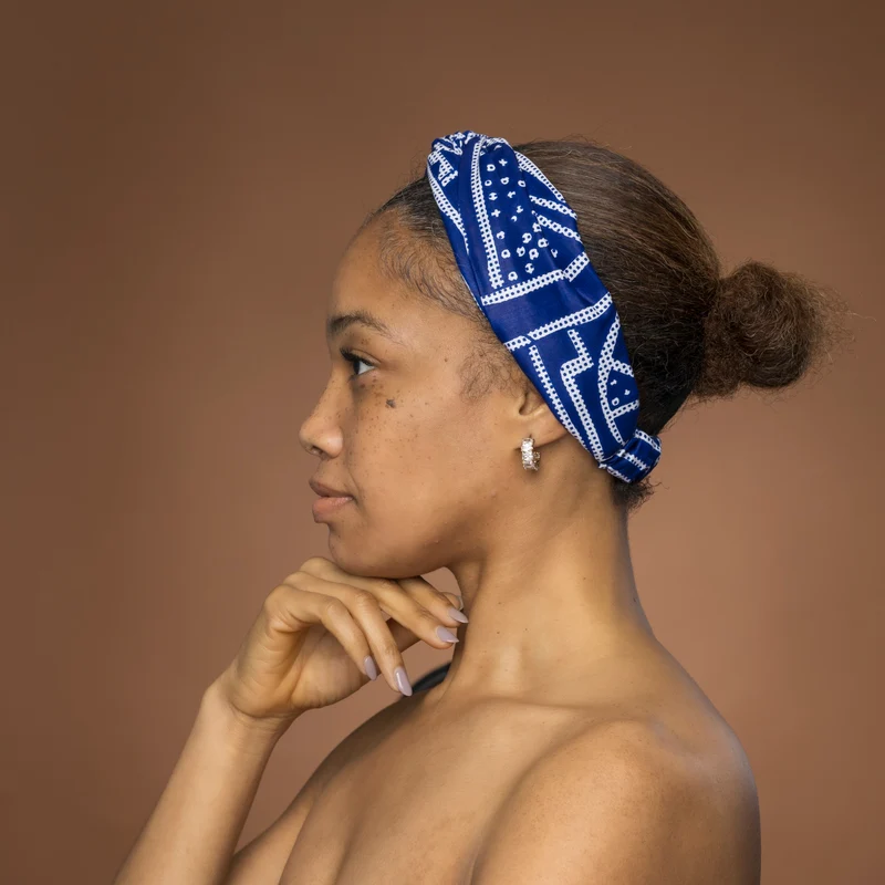 Haarband / Hoofdband in Afrikaanse print - Blauw Wit Ndop Cameroon