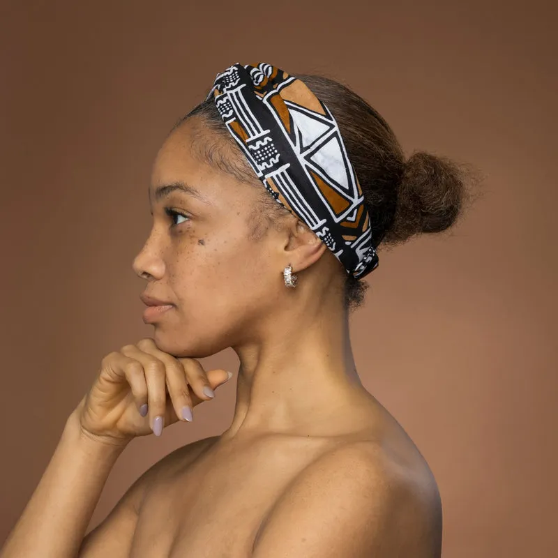 Haarband / Hoofdband in Afrikaanse print - Bruin Beige Bogolan Symbols