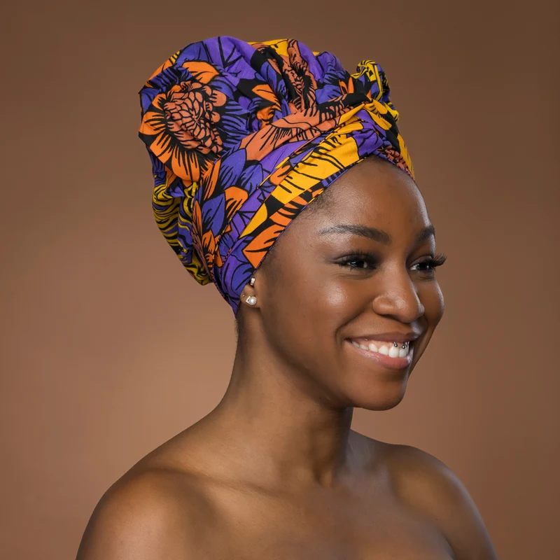 Easy headwrap / hoofddoek - Satijnen binnenkant - Geel & Paars Bloemen