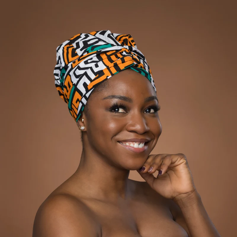 Easy headwrap / hoofddoek - Satijnen binnenkant - Petrol Geel Kuba Blocks Congo