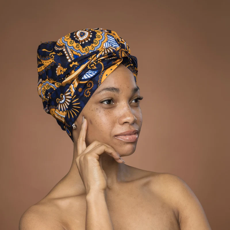 Easy headwrap / hoofddoek - Satijnen binnenkant - Blauw Geel Paisley
