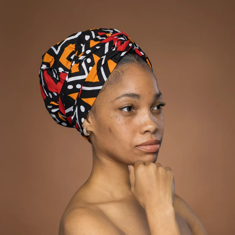 Easy headwrap / hoofddoek - Rood en oranje Bogolan