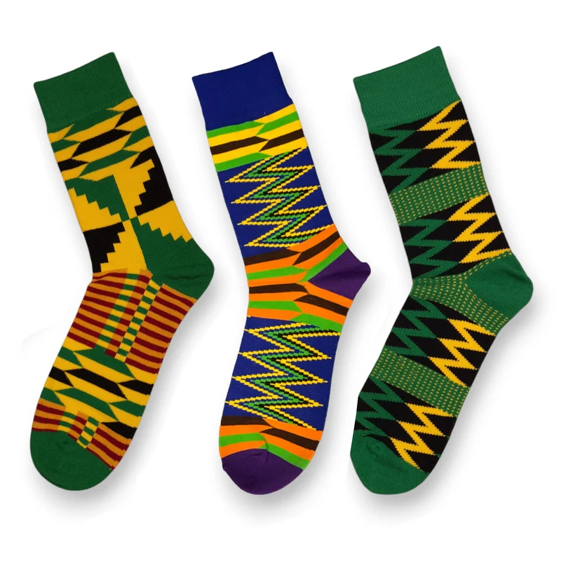 Afrikaanse sokken / Afro sokken / Mud print - Set van 3 paar - Groene Kente KOFI