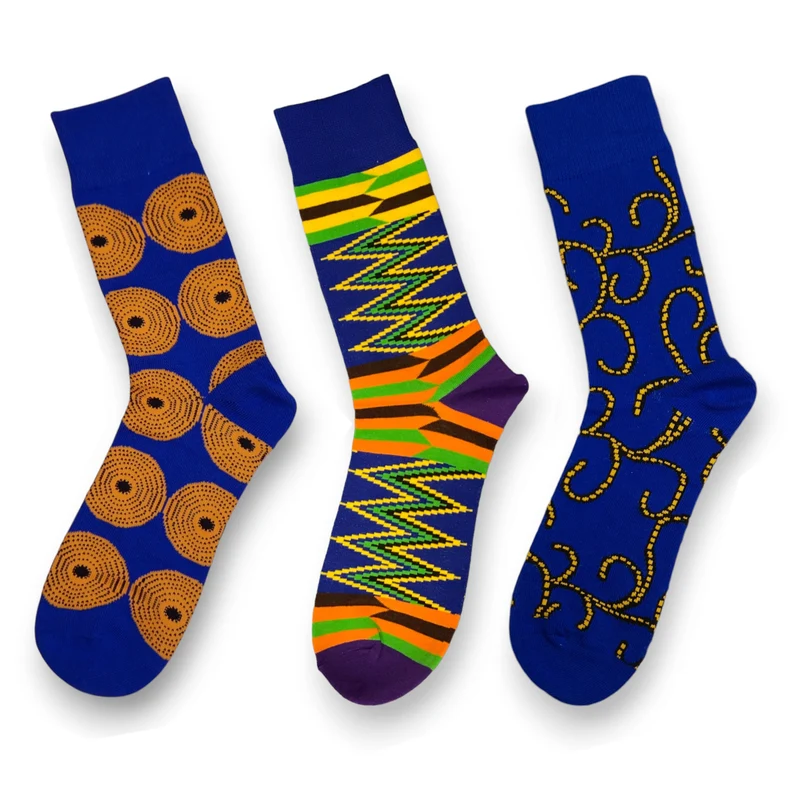 Afrikaanse sokken / Afro sokken / Mud print - Set van 3 paar - Blauw KWABENA
