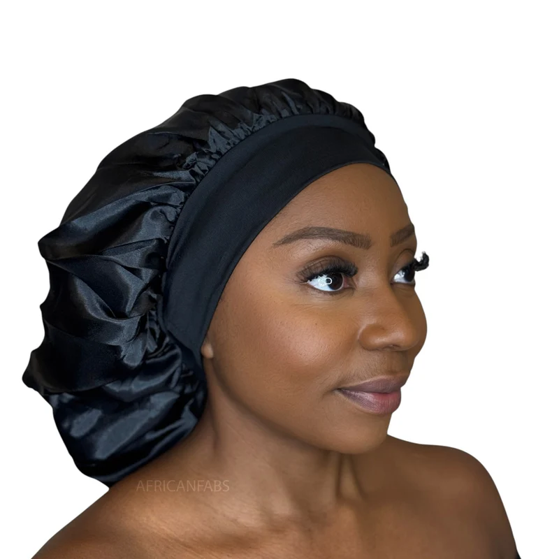 Satijnen Haar Bonnet - Zwart (Satijnen Slaapmuts )
