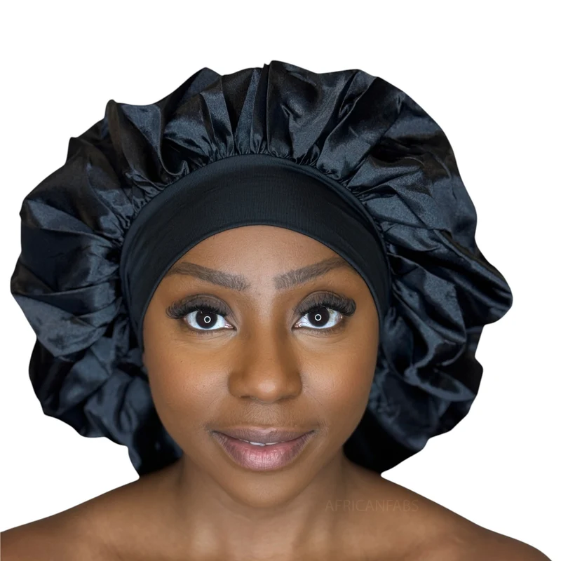 Extra Grote Satijnen Haar Bonnet - Zwart (Satijnen Slaapmuts )